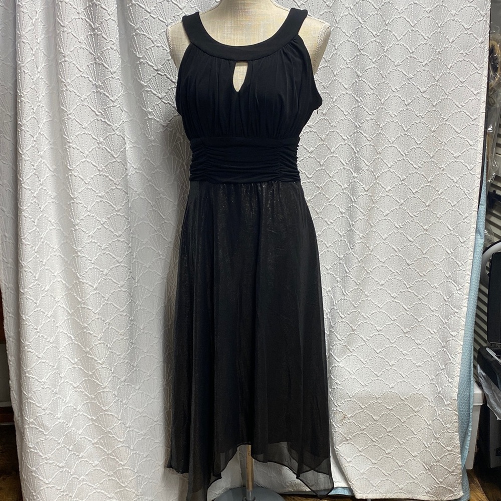 Signature by Sangria size 10 Black Keyhole Midi Dress asymmetrical hem‎ shimmer